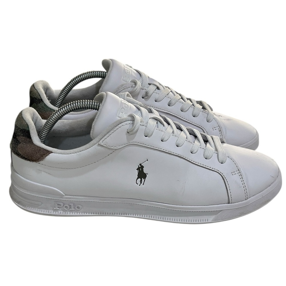 Polo Ralph Lauren Heritage Court II Sneaker Camo Heel White Leather SZ 9.5 Men’s